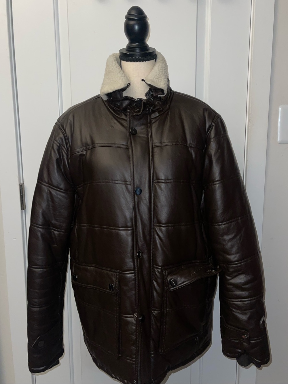 Point Blanc Brown Faux Leather Puffer Jacket Men’s Large Sherpa Collar Y2K